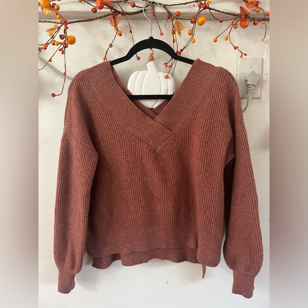 Pink Rose V-Neck Sweater in Warm Brown - Picture 2 of 5